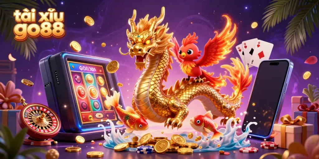 Win big with tài xỉu go88, featuring vibrant characters among dynamic casino elements.