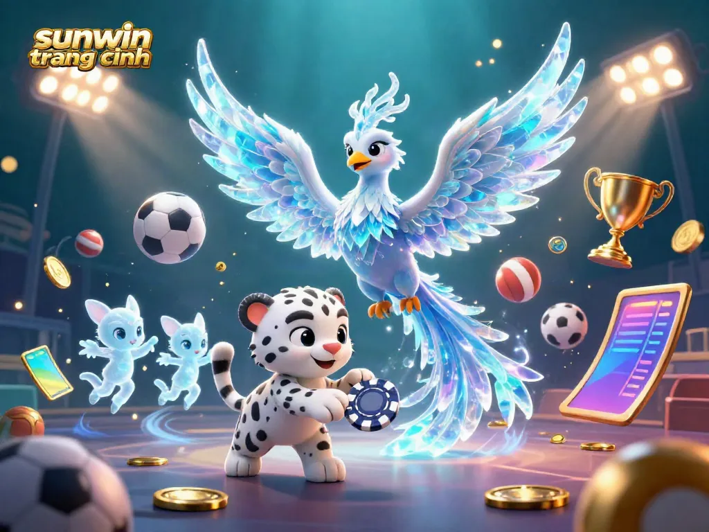 Experience the thrill of "sunwin trang chính" featuring an ice phoenix and a snow leopard cub amidst vibrant gaming elements.