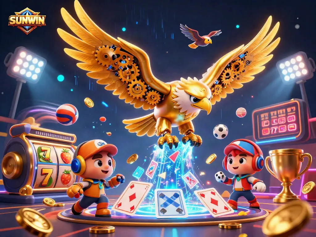 SUNWIN gaming action featuring a 3D cybernetic eagle and dynamic slots in a vibrant casino scene