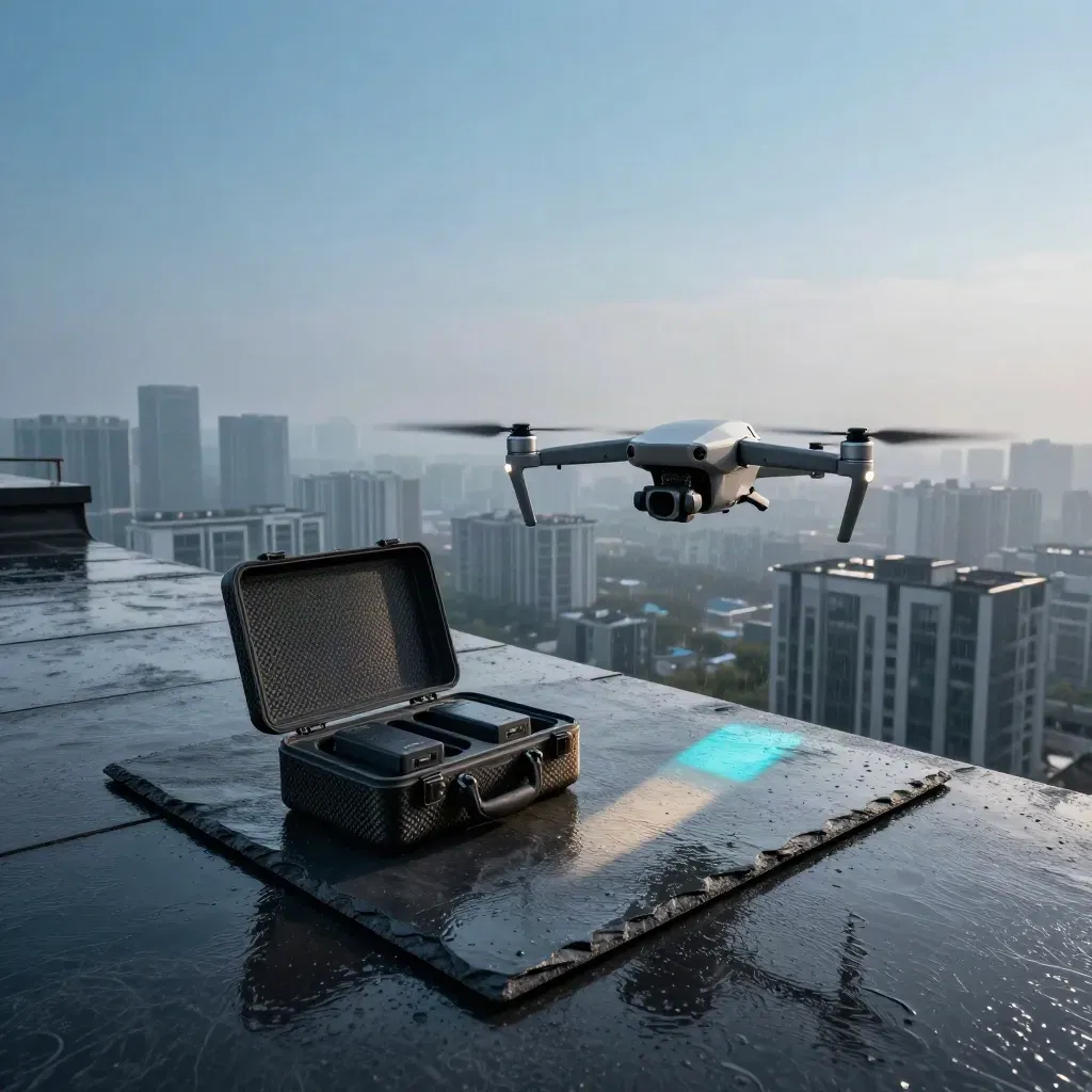 Drone lifting from a wet rooftop beside launch gear with misty skyline reflections at dusk.