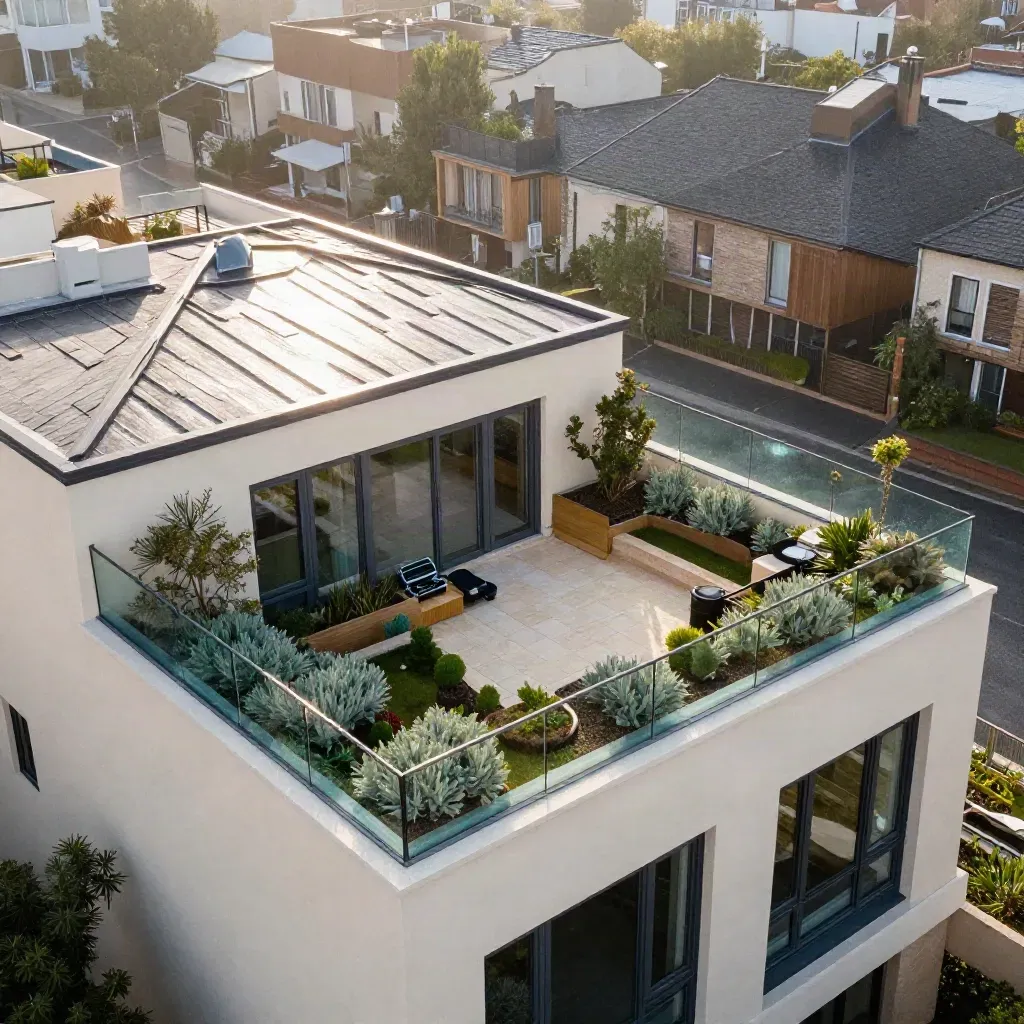 Aerial view of a modern townhouse roofscape, terrace drone case, and rain-fresh garden.