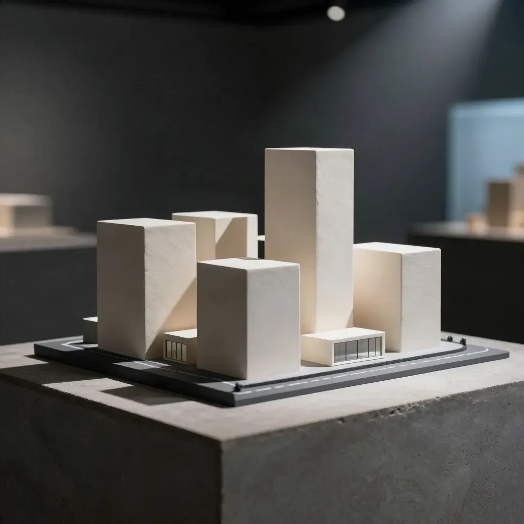 3D Cardiff site model with stepped building masses on a dark base plate