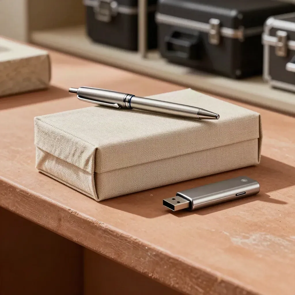 Client handover set with linen portfolio box, brushed pen and sealed USB drive on terracotta shelf.