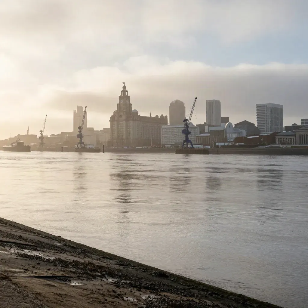 Misty Mersey waterfront with cranes and Liverpool skyline over open silver water