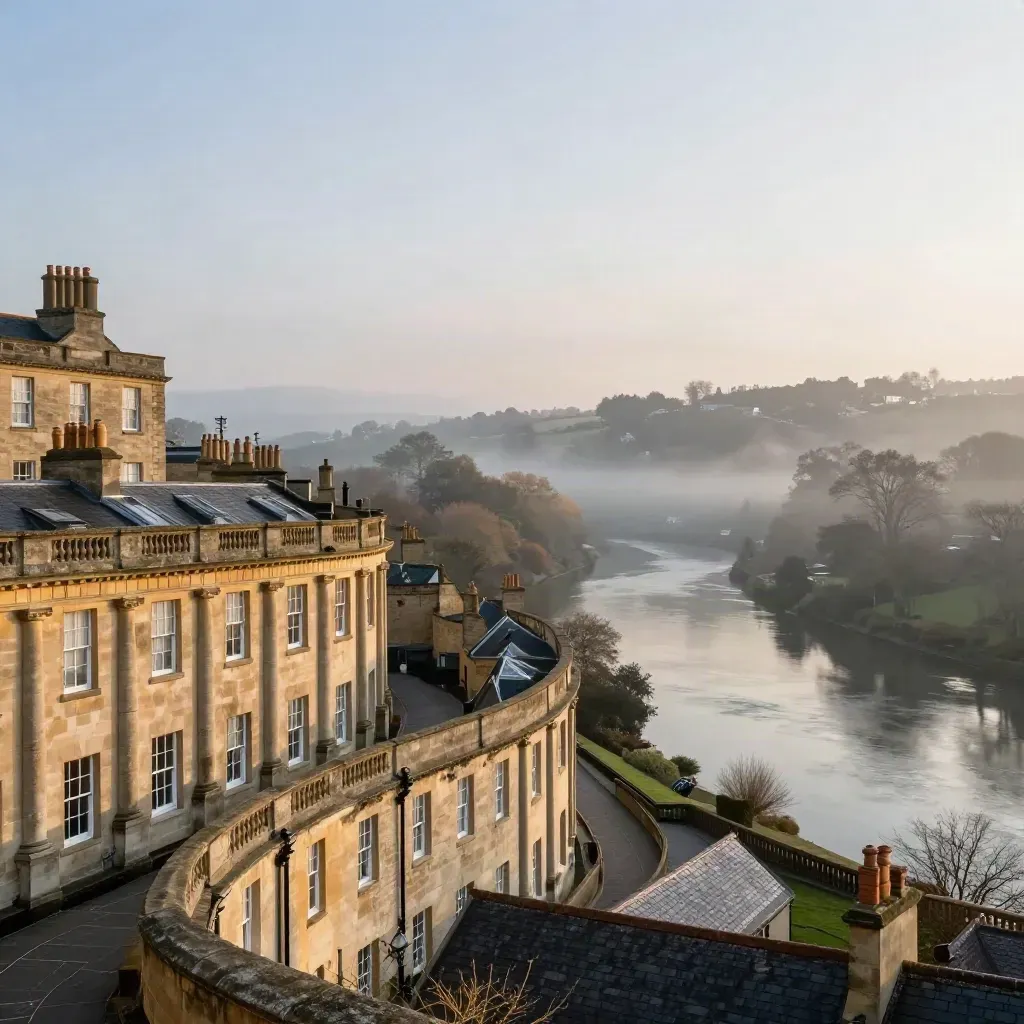 Bath stone terraces over the misty Avon valley at blue hour