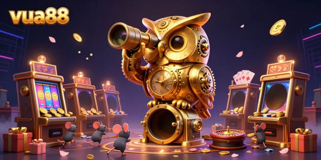Engage with casino excitement at vua88 featuring a dynamic cartoon scene of a golden owl and tiny mice amidst vibrant gaming elements.