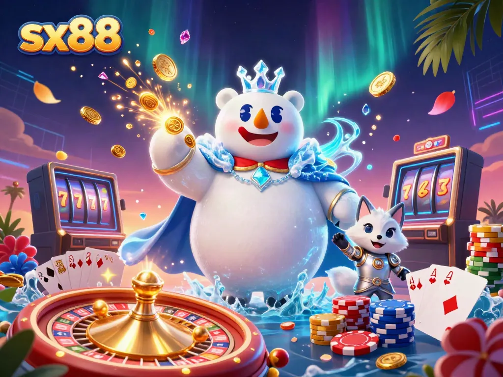 Experience the magic of sx88 with captivating casino action, featuring a polar bear and fox amidst dazzling game elements.