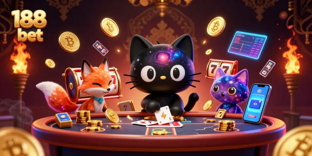 Engage with the 188 bet cosmic casino featuring a black hole cat pulling in chips and lucky symbols.