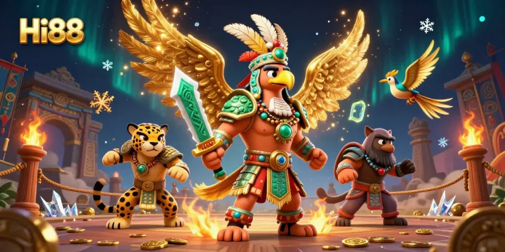 Engage in thrilling gameplay at Hi88 with Aztec-themed warriors and dynamic casino elements.