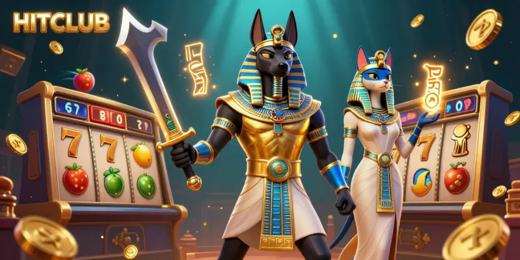 Experience the excitement at HITCLUB with Anubis and Bastet amidst vibrant casino-themed elements.
