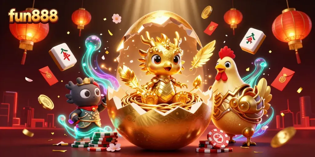 Experience thrilling gameplay with fun888, featuring golden dragon and poker chips in an entertaining casino scene.
