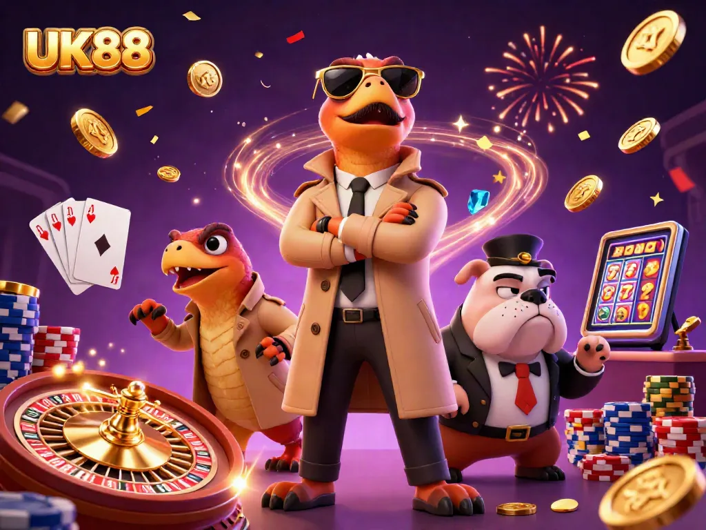 Engage with UK88's thrilling VIP casino lounge scene featuring playful raptors and a bouncer.