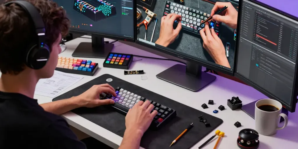 Wooting 60HE v2 module assembly scene with keyboard components, tools, and dual monitors