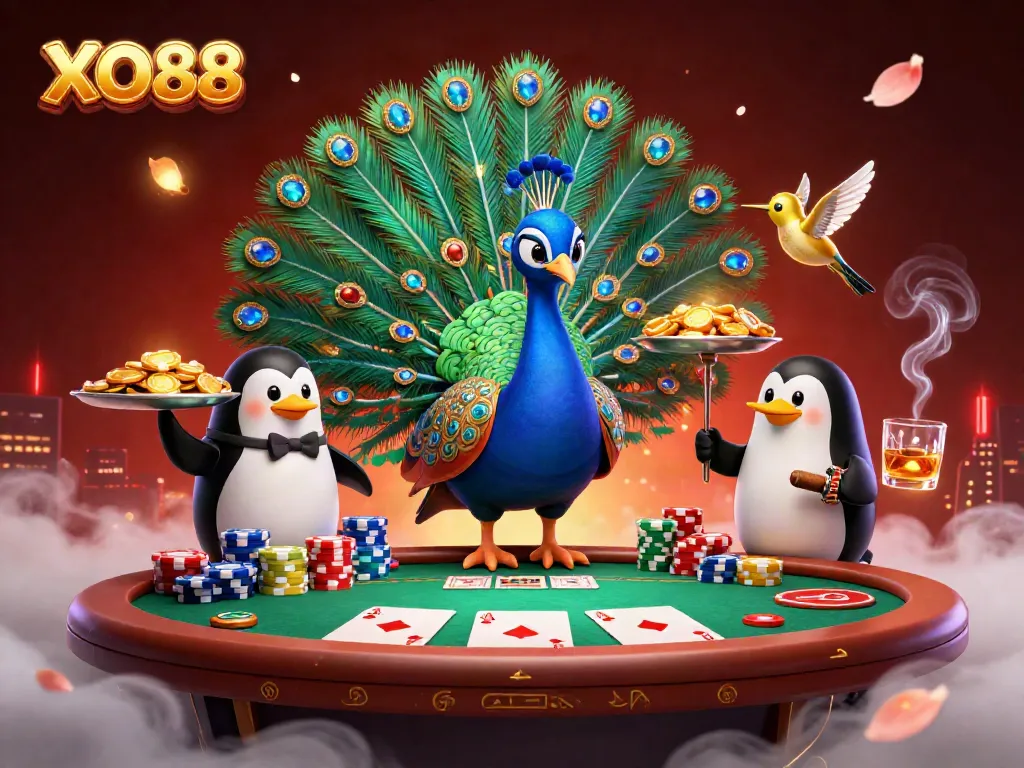 Experience the thrill of XO88 with vibrant poker elements and colorful characters in this 3D illustration.