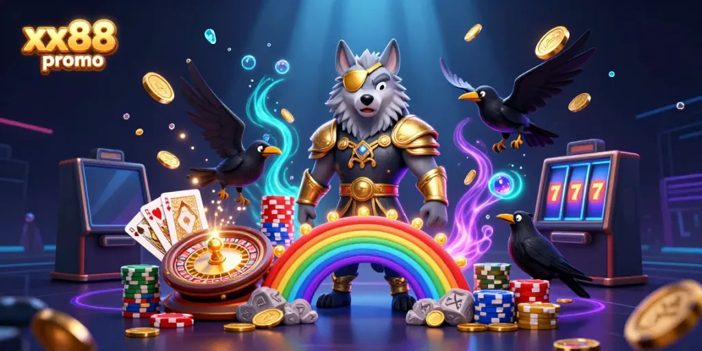 Engage with the xx88 promo in a vibrant 3D casino illustration filled with mythical characters and dynamic game elements.