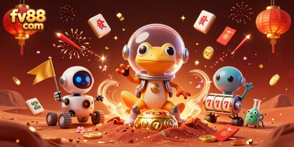 Join the fun at fv88 com as an alien gecko explores a vibrant casino celebrating with lucky symbols!