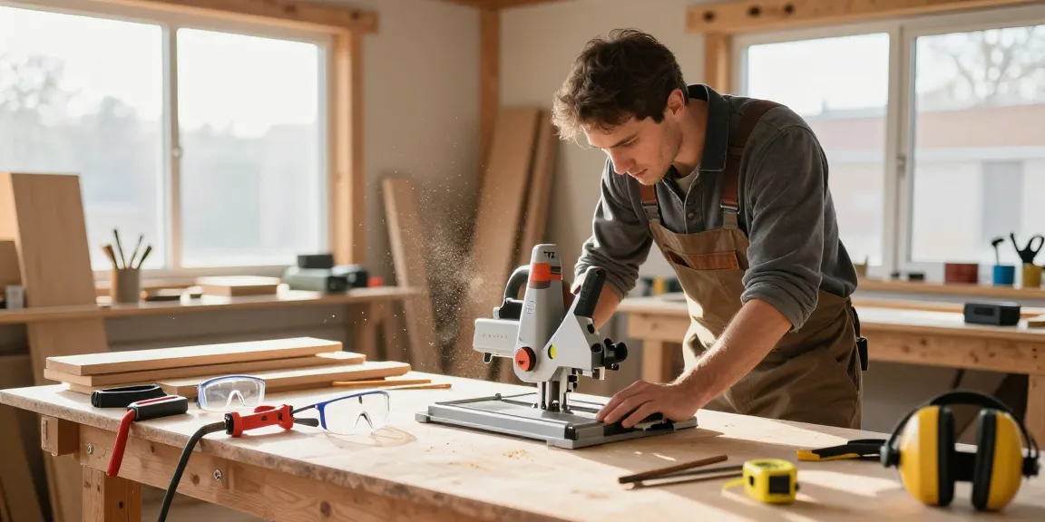 Carpenter using a table mitre saw in a well-lit workshop, surrounded by tools and wooden materials.