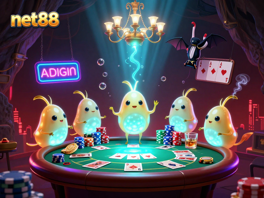 Experience the excitement of poker with net88's glowworms lighting up a cave casino!