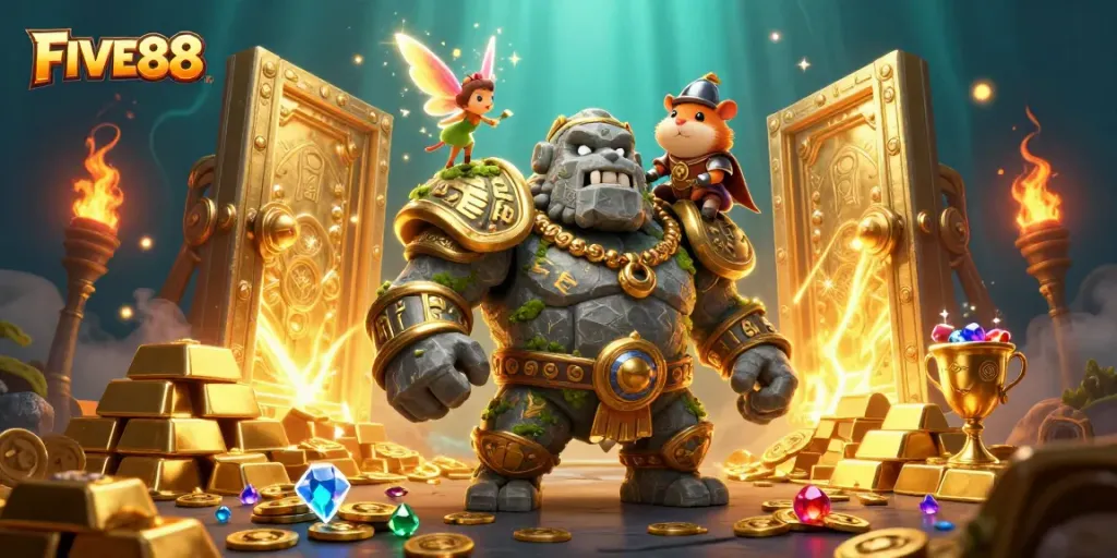 Engage in thrilling gaming with FIVE88, featuring vibrant characters and dazzling treasures in a dynamic casino scene.