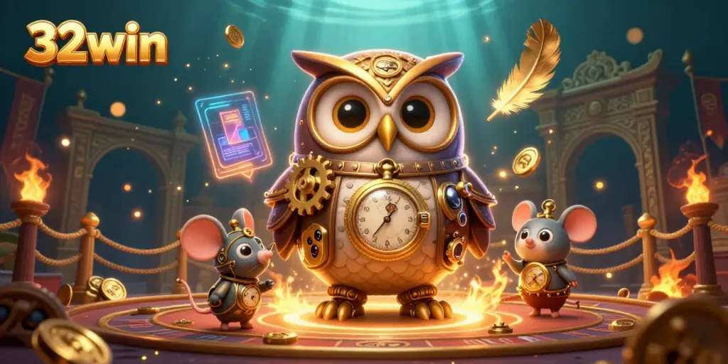 Experience thrilling gaming action with 32win's vibrant casino scene teeming with characters and elements.