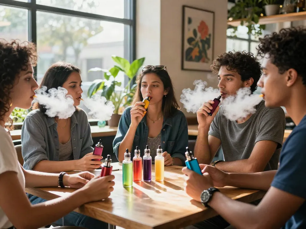 Friends discussing how many puffs are in a vape bar while enjoying their e-liquids in a modern café