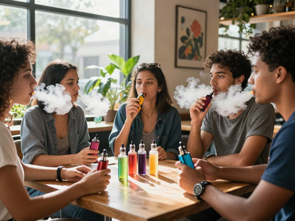 Friends discussing how many puffs are in a vape bar while enjoying their e-liquids in a modern café