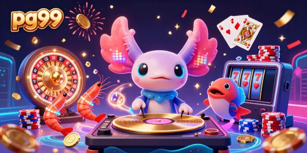 Engaging scene showcasing pg99 with an axolotl DJ spinning records while shrimp dance amid golden coins and dazzling gems.