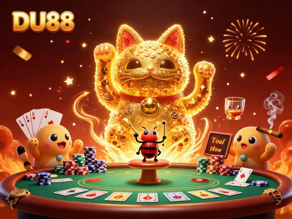 Experience thrilling gaming at DU88, showcasing a dynamic lucky cat and casino symbols fusion.