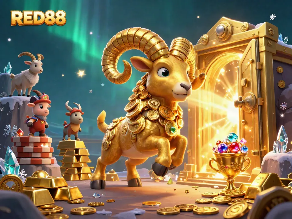 Experience thrilling wins at RED88 with a golden ram charging through waves of treasure.