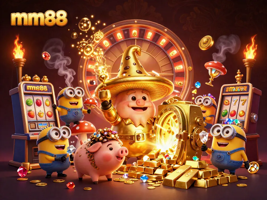 Experience the magic of mm88 with a golden wizard and treasures in a vibrant casino scene.