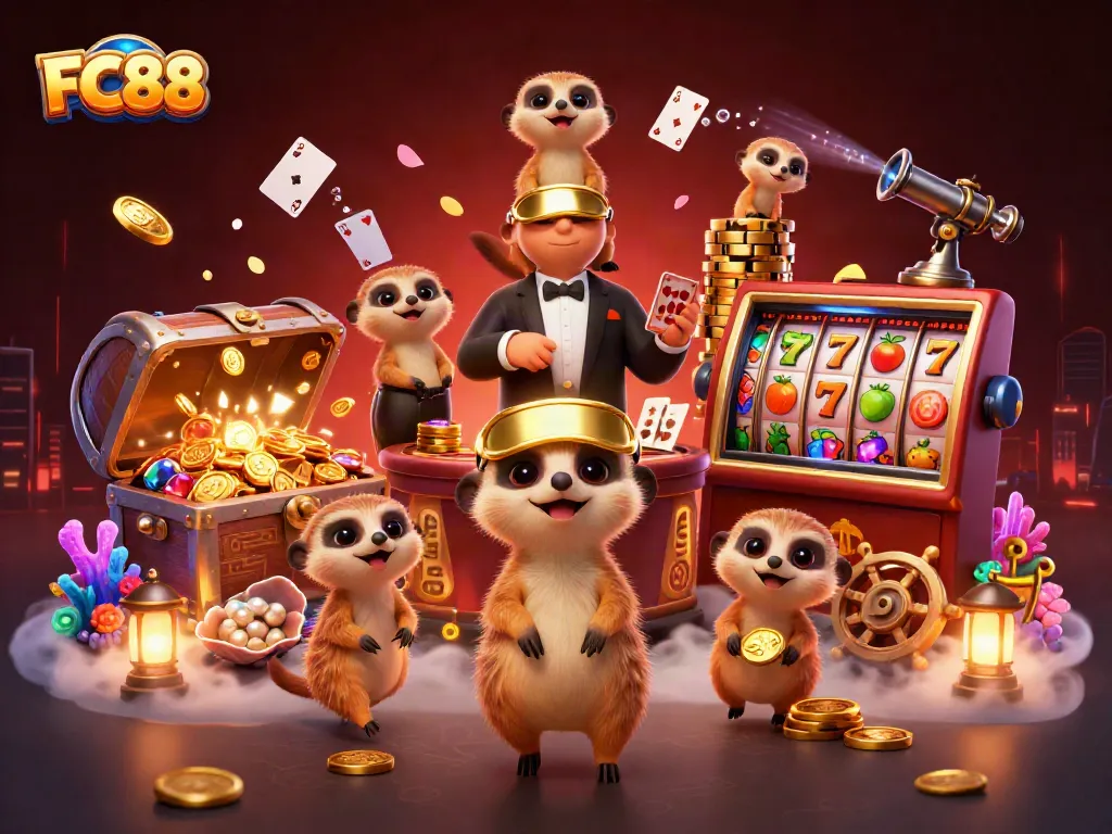 Experience thrilling gaming with FC88 as meerkats manage an action-packed casino scene.