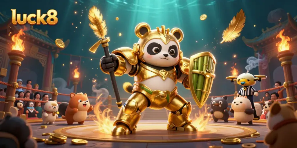 Engage with luck8 and immerse in the dynamic world of a golden panda robot battling in an arena.