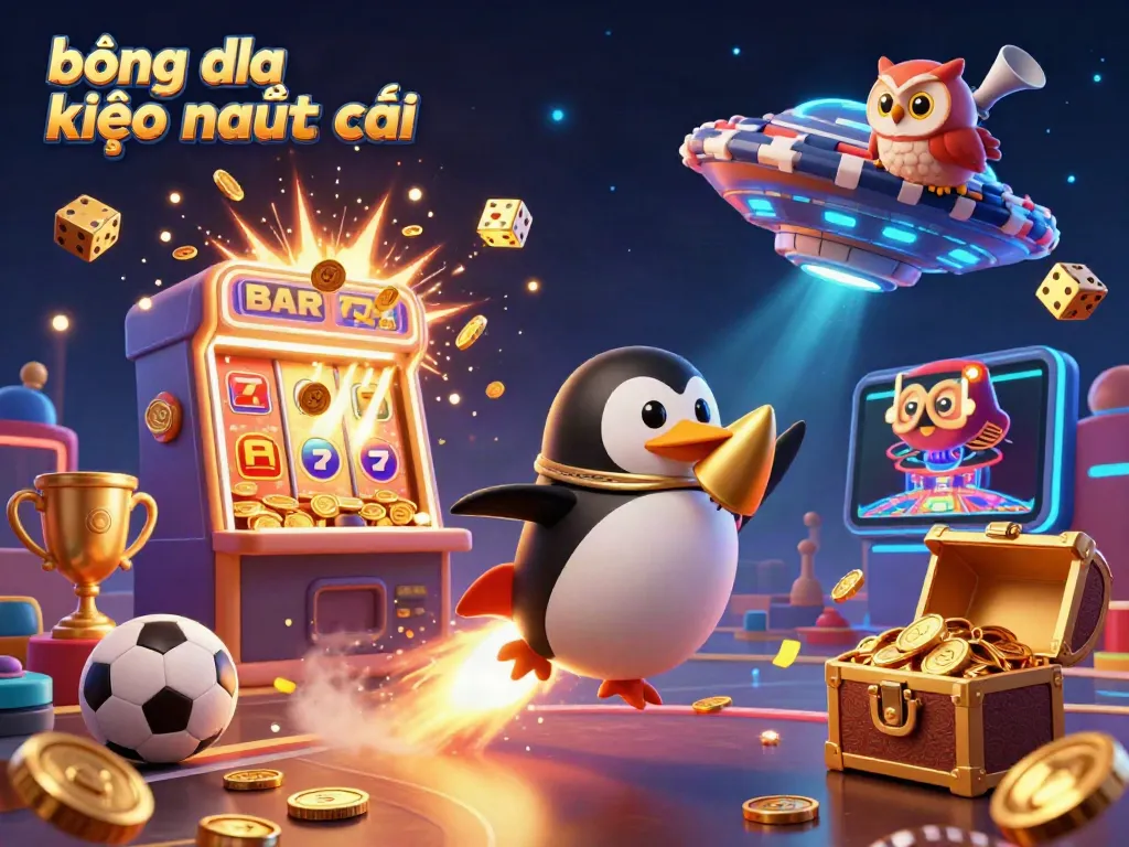 Experience the thrill of bóng đá kèo nhà cái with a golden penguin and jackpot moments in a dazzling casino scene.