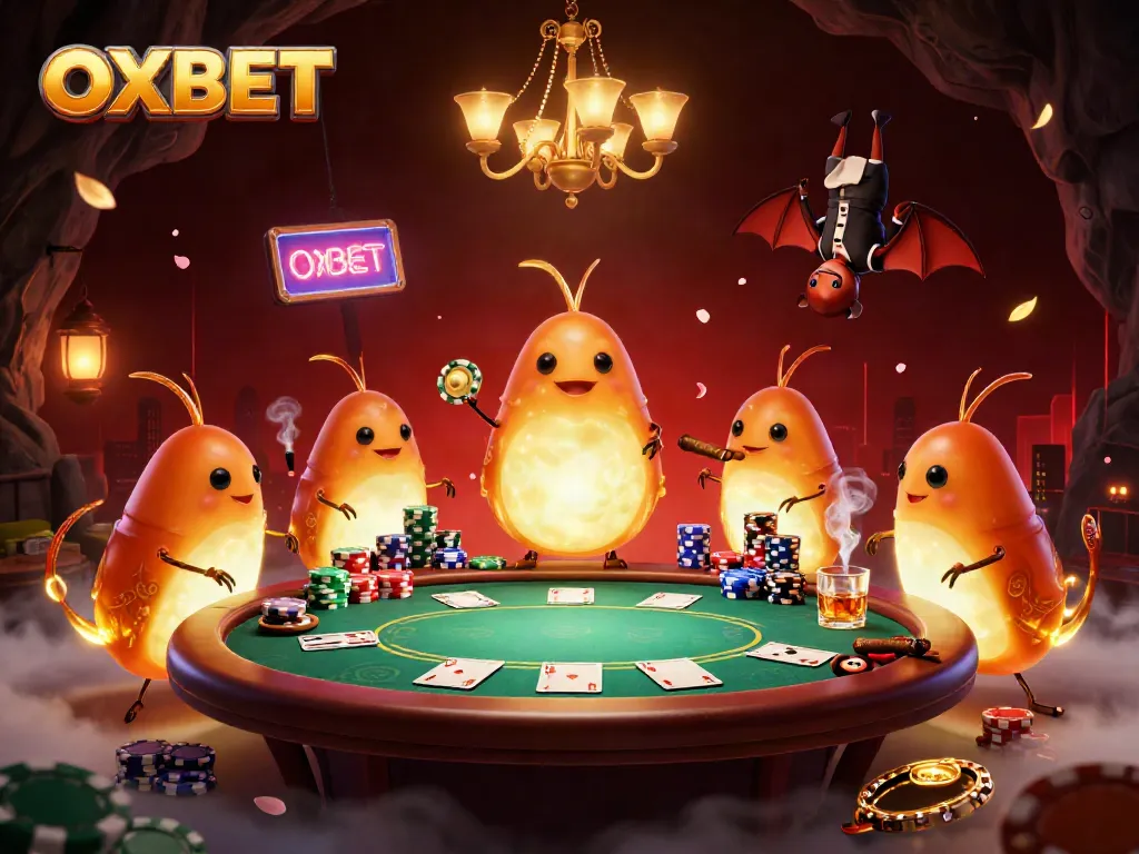 Experience OXBET's vibrant casino environment illuminated by glowworms and a bat dealer