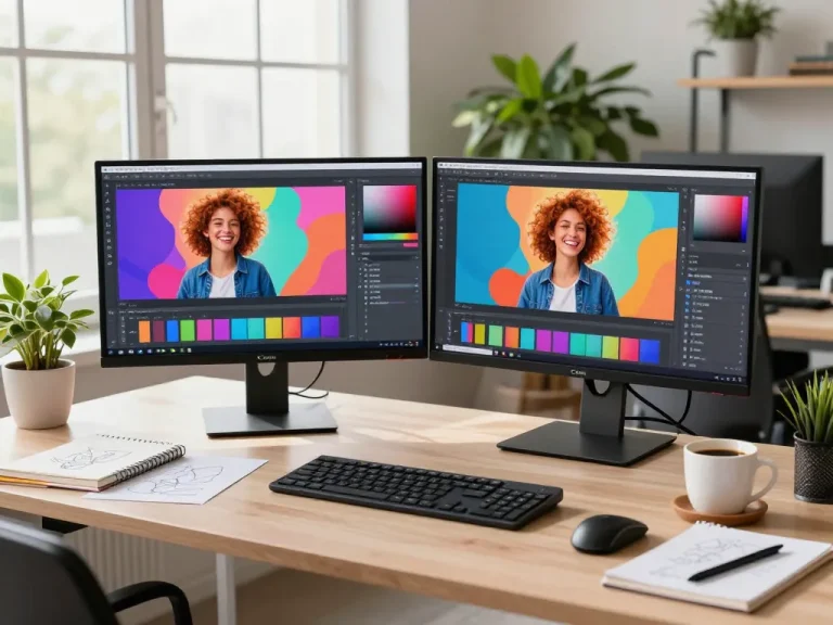 Engaging digital workspace illustrating nano banana ai creative editing, featuring a designer working on colorful images and vibrant designs.