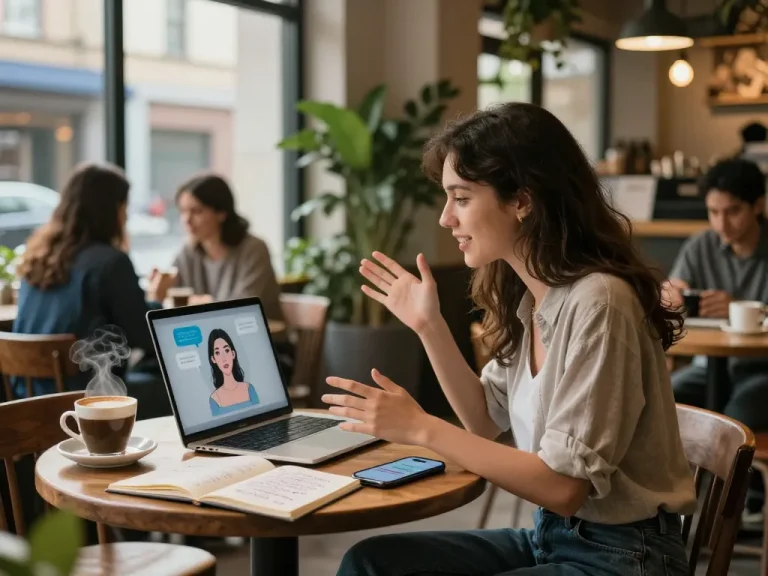 Engaging scene of a woman chatting with her AI girlfriend on a laptop in a cozy café, capturing modern digital companionship.