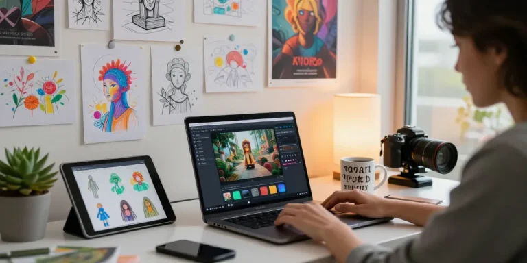 Generate video to prompt with advanced AI tools in a vibrant creative workspace.