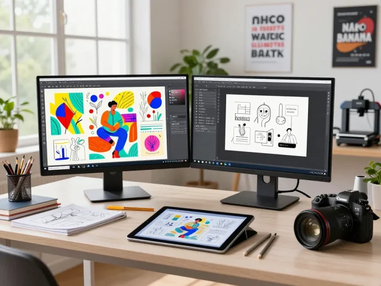 Designer using nano banana flash in a modern workspace for creative AI editing.