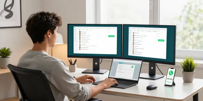 Engaging with WhatsApp電腦版 in a stylish modern home office setup with dual monitors.