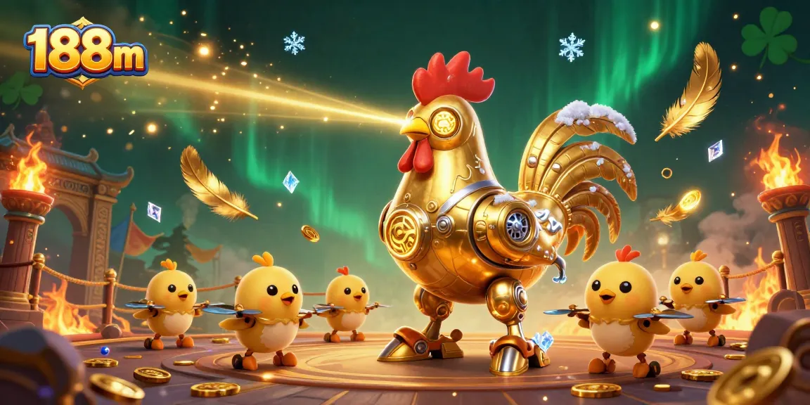 Engage in exciting gameplay at 188m featuring dynamic scenes with a golden rooster robot and baby chick drones.