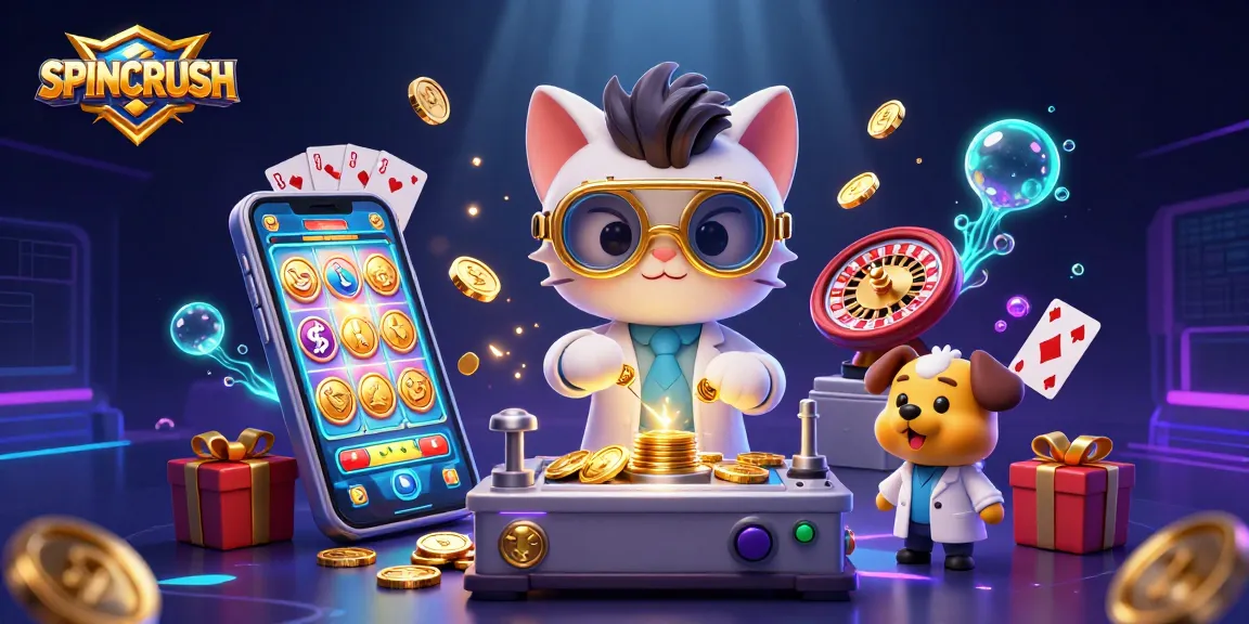 Engage in thrilling gameplay with SPINCRUSH as colorful slot reels and golden coins fly from the phone!