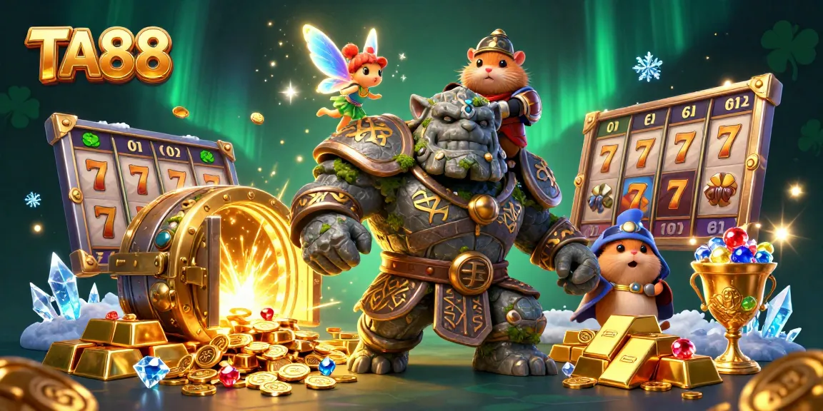 Engage with TA88's mesmerizing slot games featuring a magical golem and fairy, surrounded by treasures.