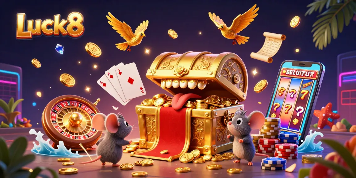 Engage with Luck8 as treasure-seeking adventurer mice are lured by riches in this casino-themed illustration.