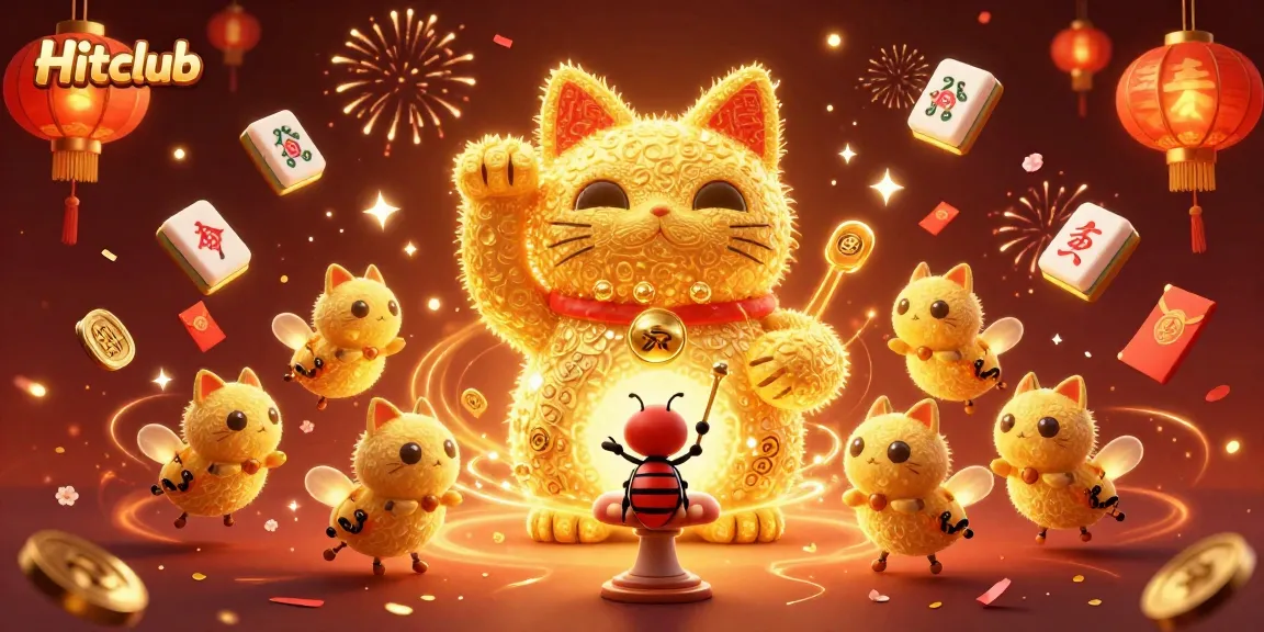 Hitclub offers immersive gaming experiences with a captivating lucky cat surrounded by vibrant casino symbols.