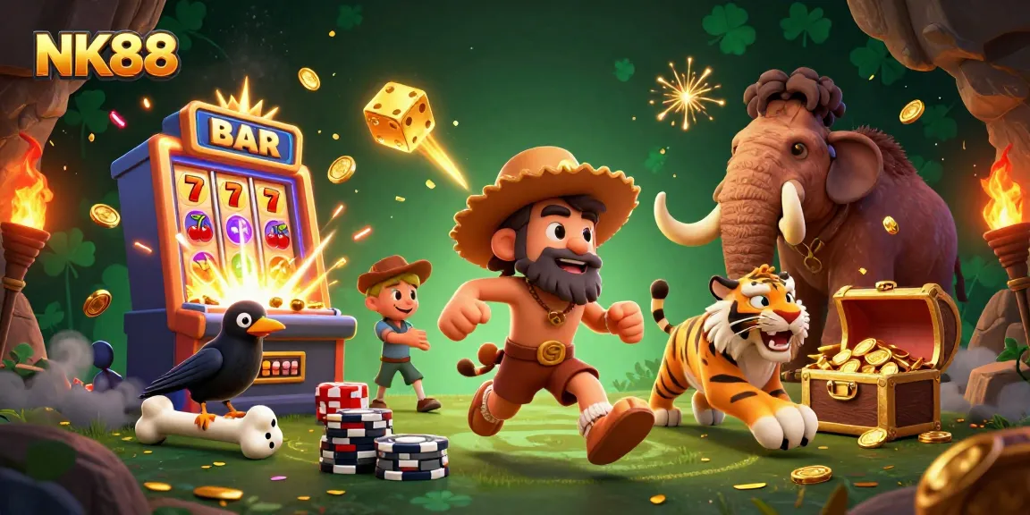 Experience NK88's exciting casino adventure with caveman duo and treasures bursting out.