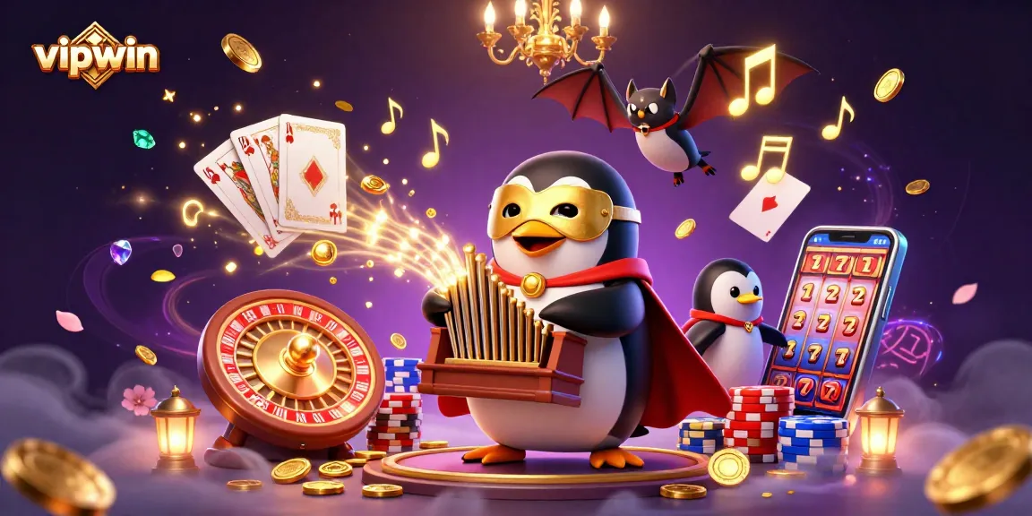 Experience the vibrant thrill of vipwin with a dynamic casino scene featuring a penguin organist shooting coins.