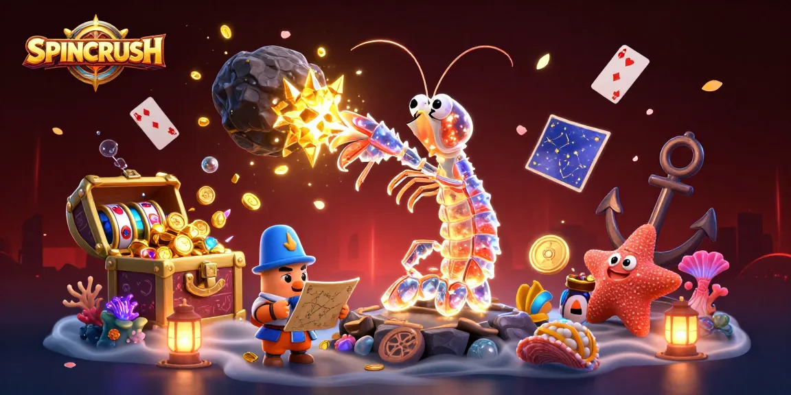 Experience SPINCRUSH with dynamic treasure chests, vibrant slot reels, and an energetic gambling atmosphere.
