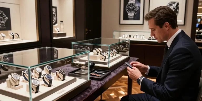Man exploring luxurious clone watches in an upscale watch boutique, showcasing quality craftsmanship.