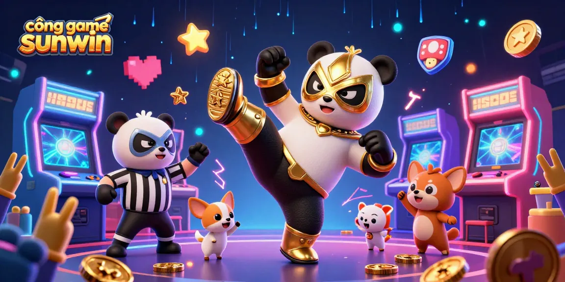Exciting action at cổng game sunwin with a panda wrestler and chihuahua referee amidst vibrant arcade elements.
