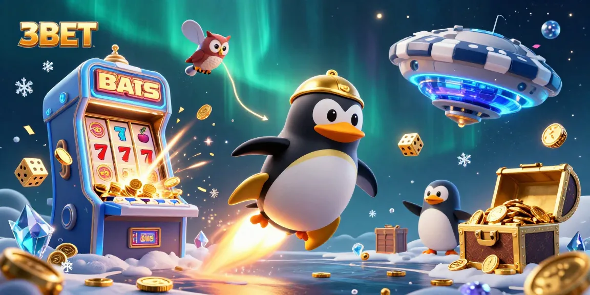 Engage with 3BET through an exciting 3D scene of a golden penguin heading to a casino station surrounded by slots and winnings.